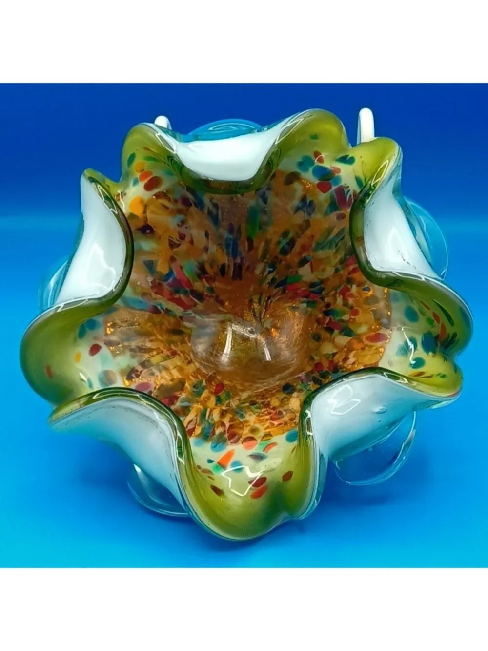 Vintage Murano Art Glass Bowl AVEM Tutti Frutti Zanfirico Aventurine Cased  1950